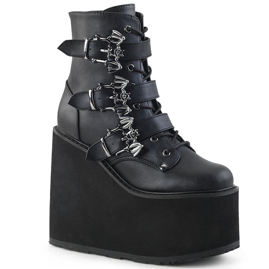 SWING-103 | DEMONIA | Black  Wedge Platform Lace-Up Front Ankle Boot Featuring Triple Bat Buckle Straps, Metal Inner Side Zip Closure