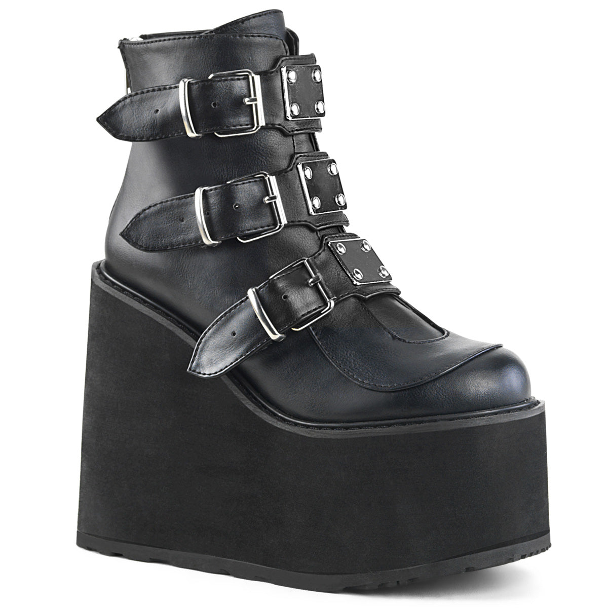 SWING-105 | DEMONIA | Black Vegan Leather Wedge Platform Ankle Boot Featuring Triple Buckle Straps w/ Silver Chrome Plated Metal Plates at Center, Back Metal Zip Closure