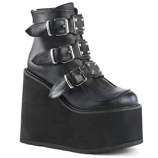 SWING-105 | DEMONIA | Black Vegan Leather Wedge Platform Ankle Boot Featuring Triple Buckle Straps w/ Silver Chrome Plated Metal Plates at Center, Back Metal Zip Closure