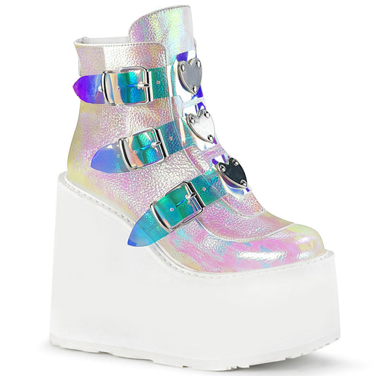 SWING-105 | DEMONIA | Pearl Iridescent  Wedge Platform Ankle Boot Featuring Triple Buckle Straps w/ Silver Chrome Plated Metal Plates at Center, Back Metal Zip Closure (Copy)