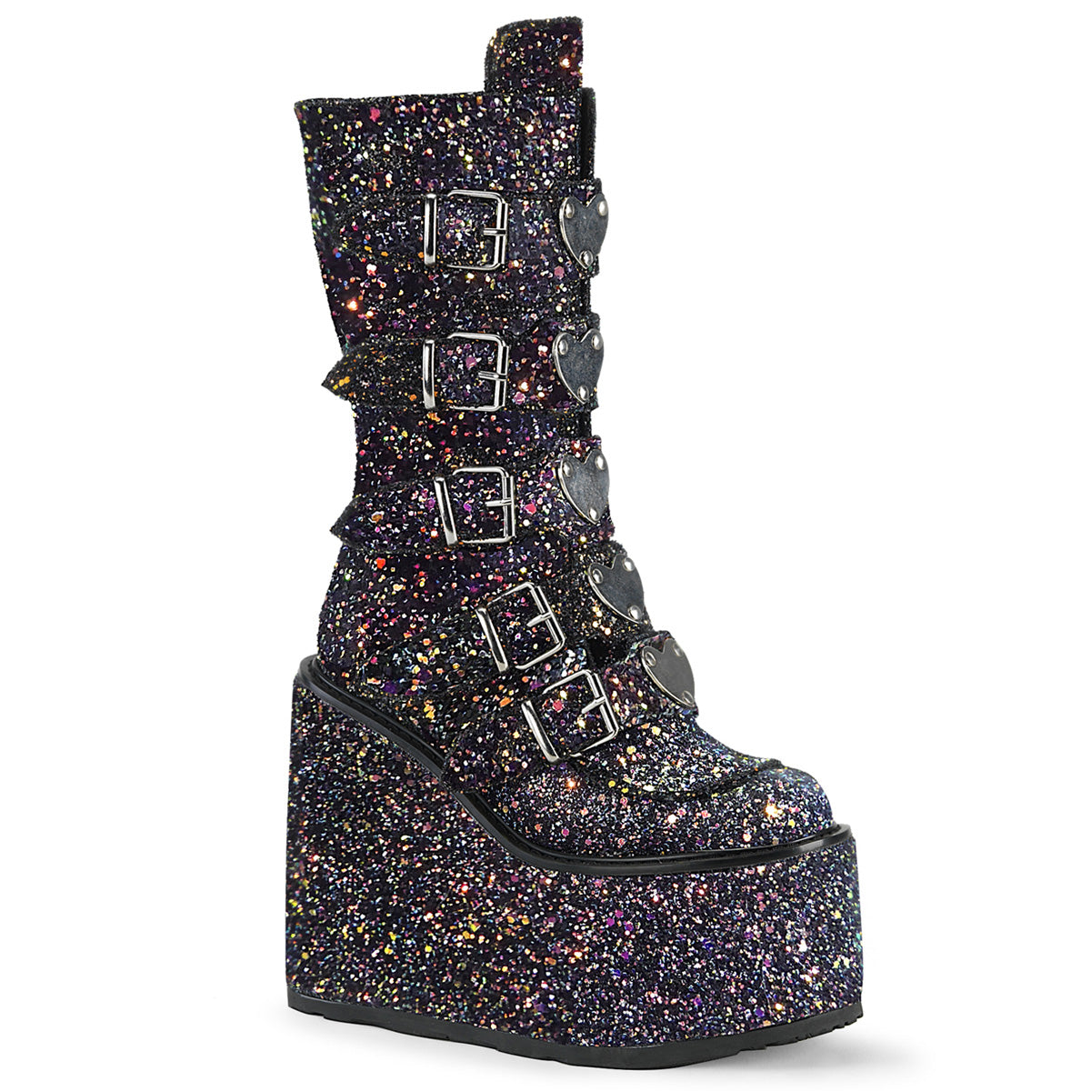 SWING-230G | DEMONIA | Black Multi Glitter Platform Mid-Calf Boot Featuring 5 Buckle Straps w/ Heart Shaped Metal Plates at Center, Back Metal Zip Closure (Copy)
