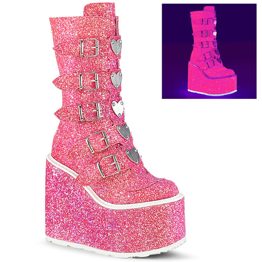 SWING-230G | DEMONIA | Pink Glitter Platform Mid-Calf Boot Featuring 5 Buckle Straps w/ Heart Shaped Metal Plates at Center, Back Metal Zip Closure